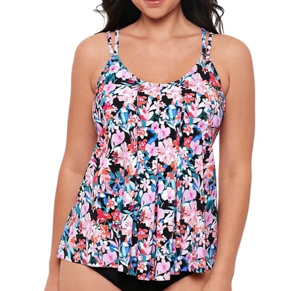 Swim Solutions Womens Blushing Flowers Pleated Front Tankini Top Swim Top 10 - Picture 1 of 8